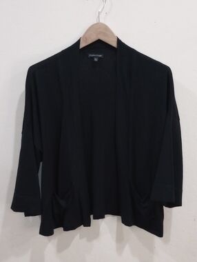 Eileen Fisher Sheer Black Organic Linen Open Front Cropped Cardigan - Size S